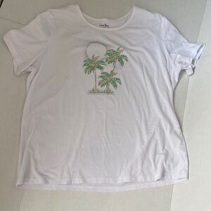 Coral Bay White T-Shirt with Rhinestone Palm Tree Design, Plus size 1X